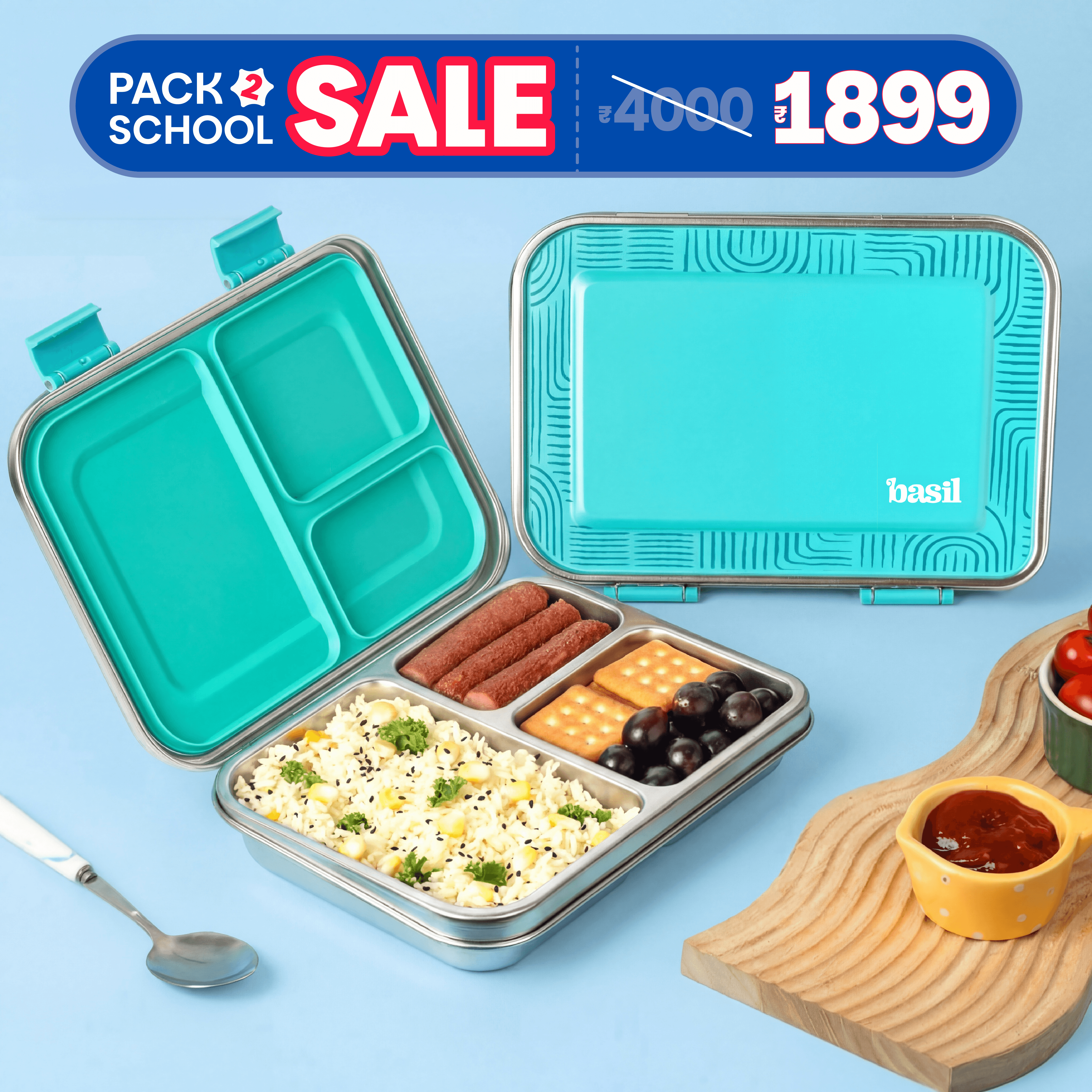 3 Compartment easy open-close Lunchbox - Classic Teal