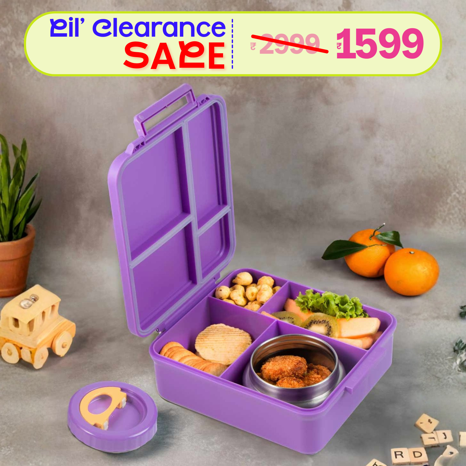 4 Compartment Lunchbox with Insulated jar - Purple