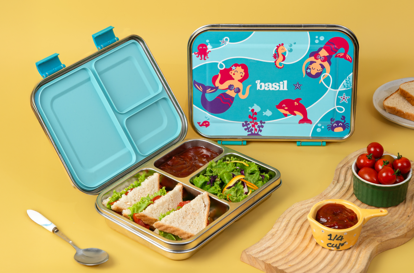 3 Compartment Stainless steel Bento box - Aqua Mist