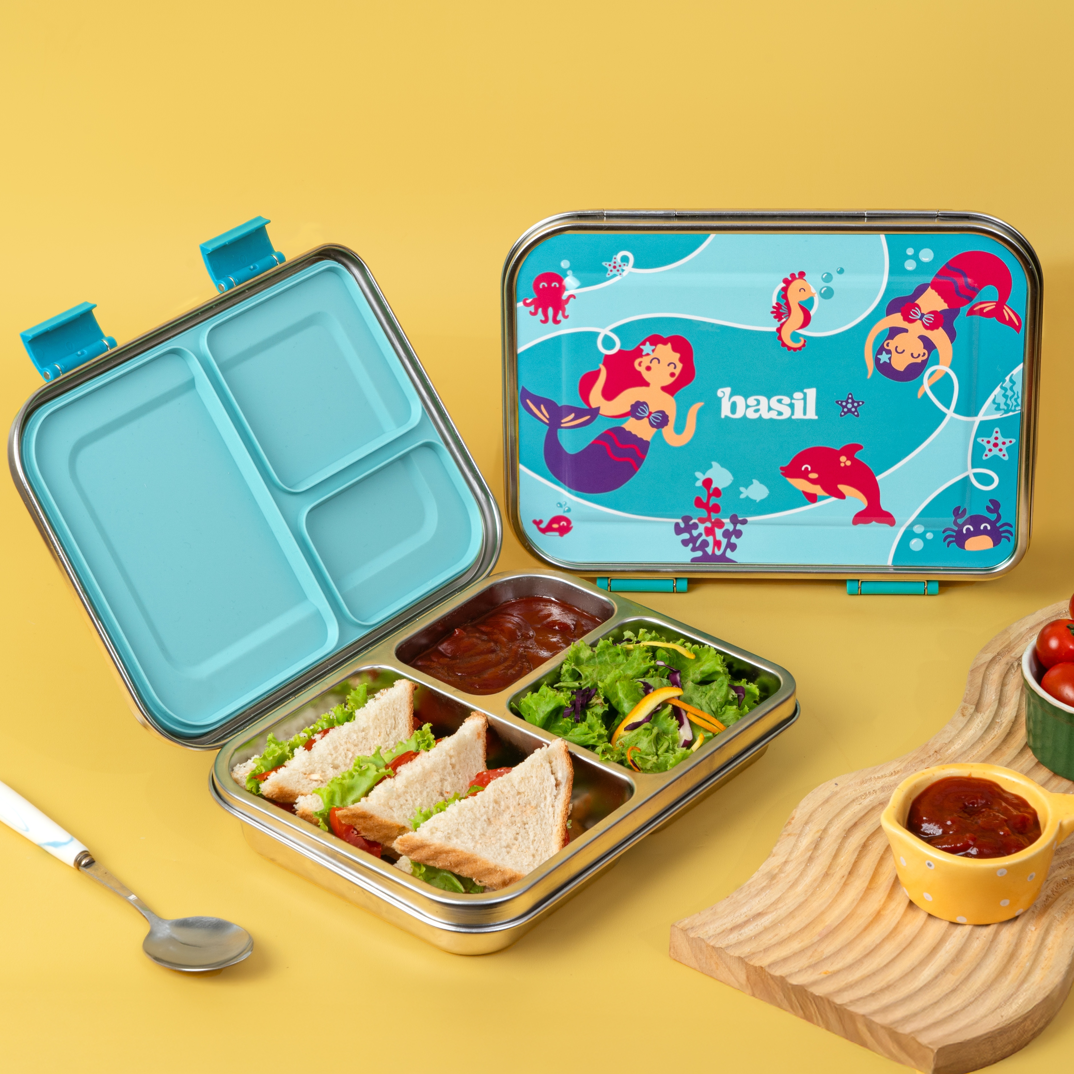 3 Compartment Easy open-close Bento - Aqua Mist