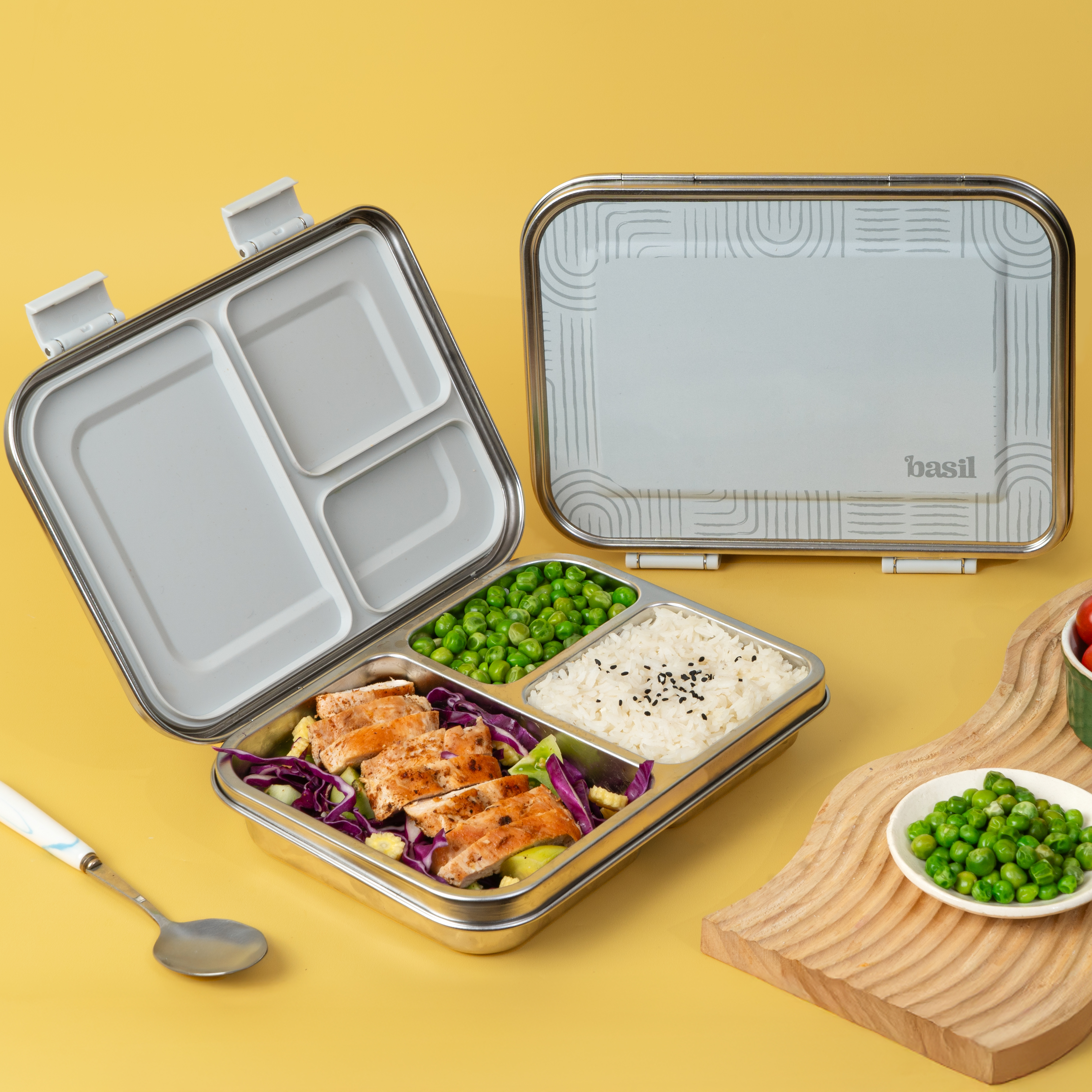 3 Compartment Easy open-close Bento - Grey Classic