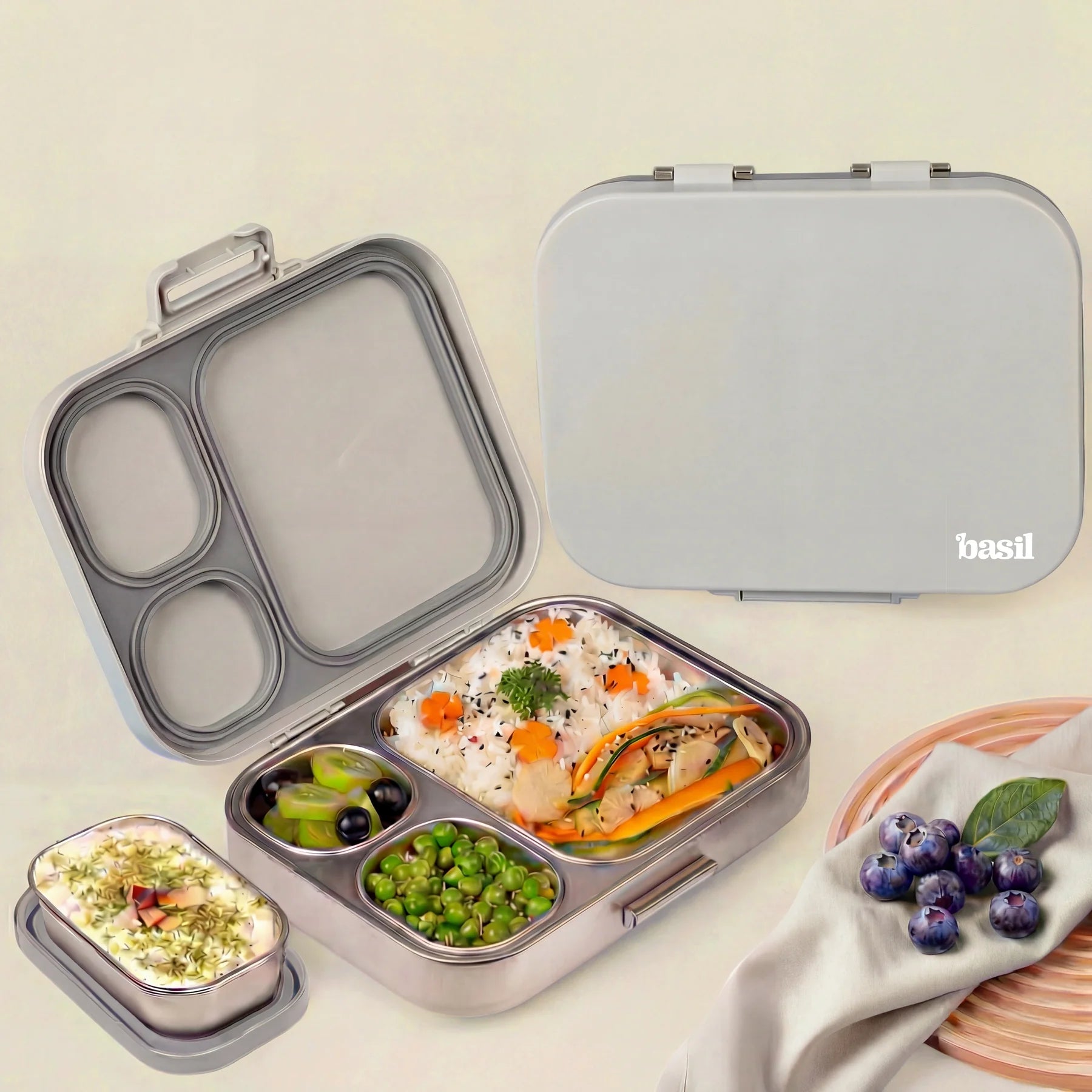 3+1 Compartment Stainless steel Lunchbox with Mini Box - Classic Grey