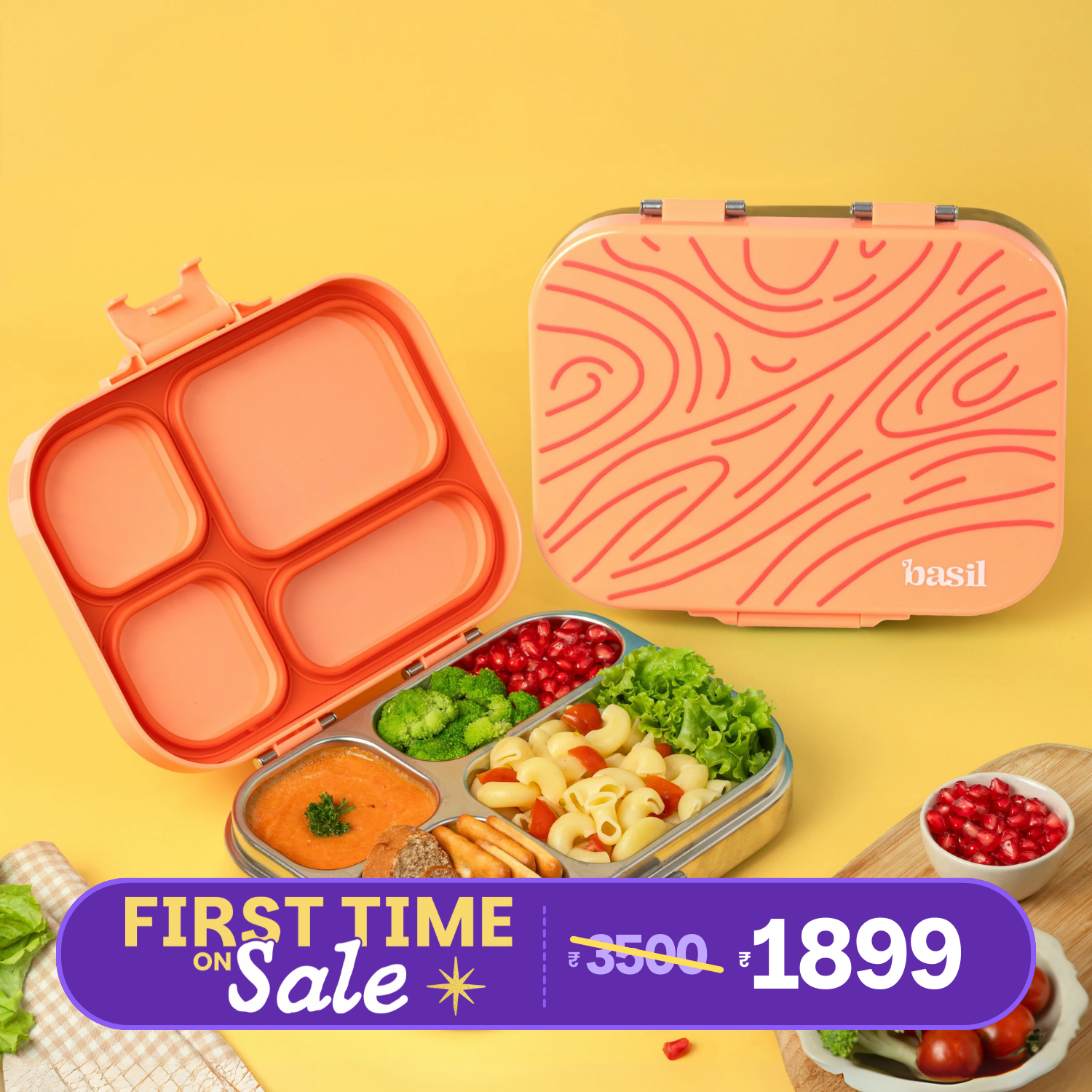 4 Compartment Stainless steel Bento with Plastic lid - Coral Swirl