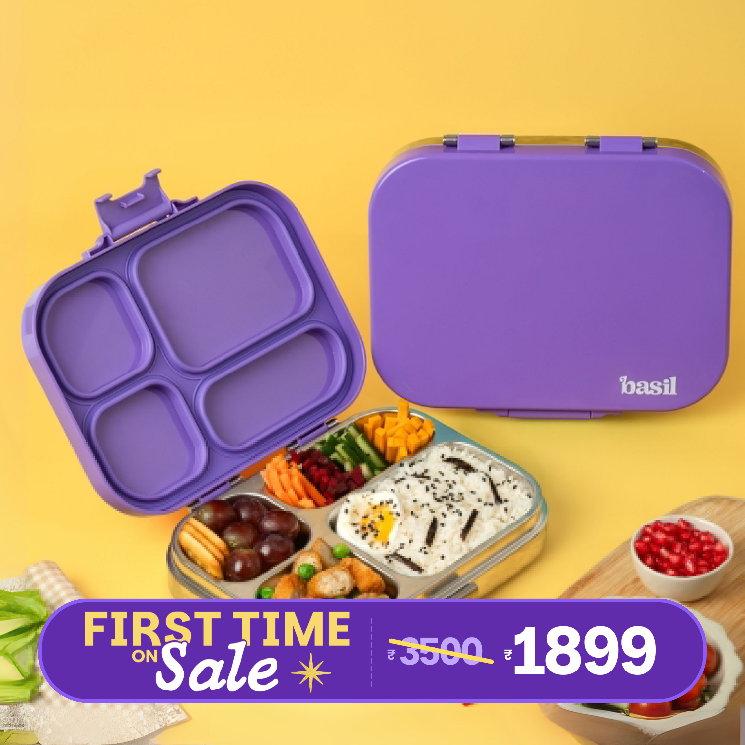 4 Compartment Stainless steel Bento with Plastic lid - Purple Pop