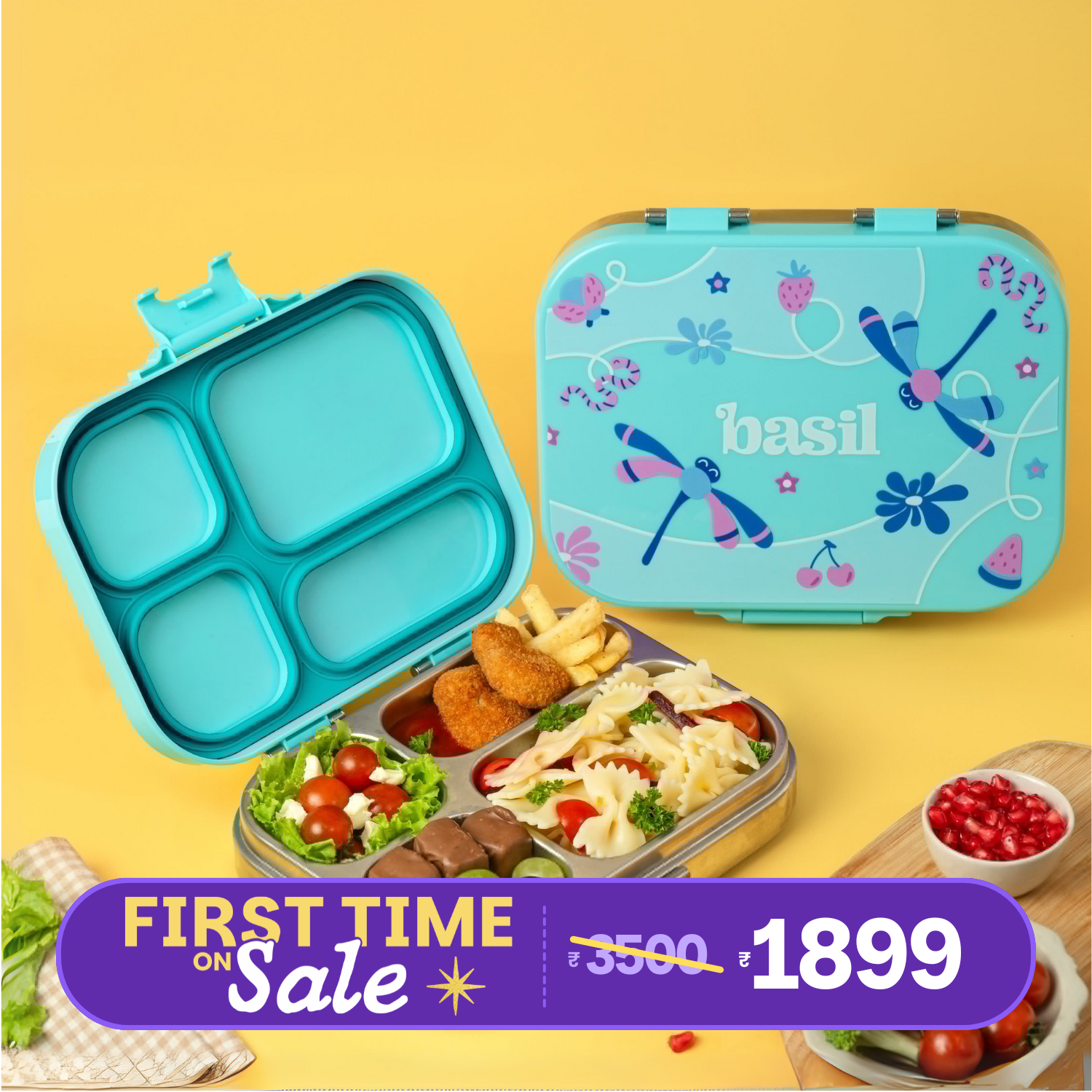 4 Compartment Stainless steel Bento with Plastic lid - Teal Garden