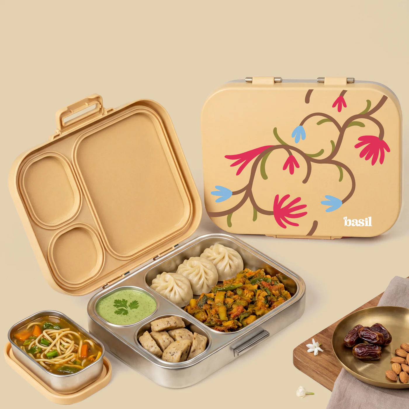 3+1 Compartment Stainless steel Lunchbox with Mini Box - Himachali Guldaan