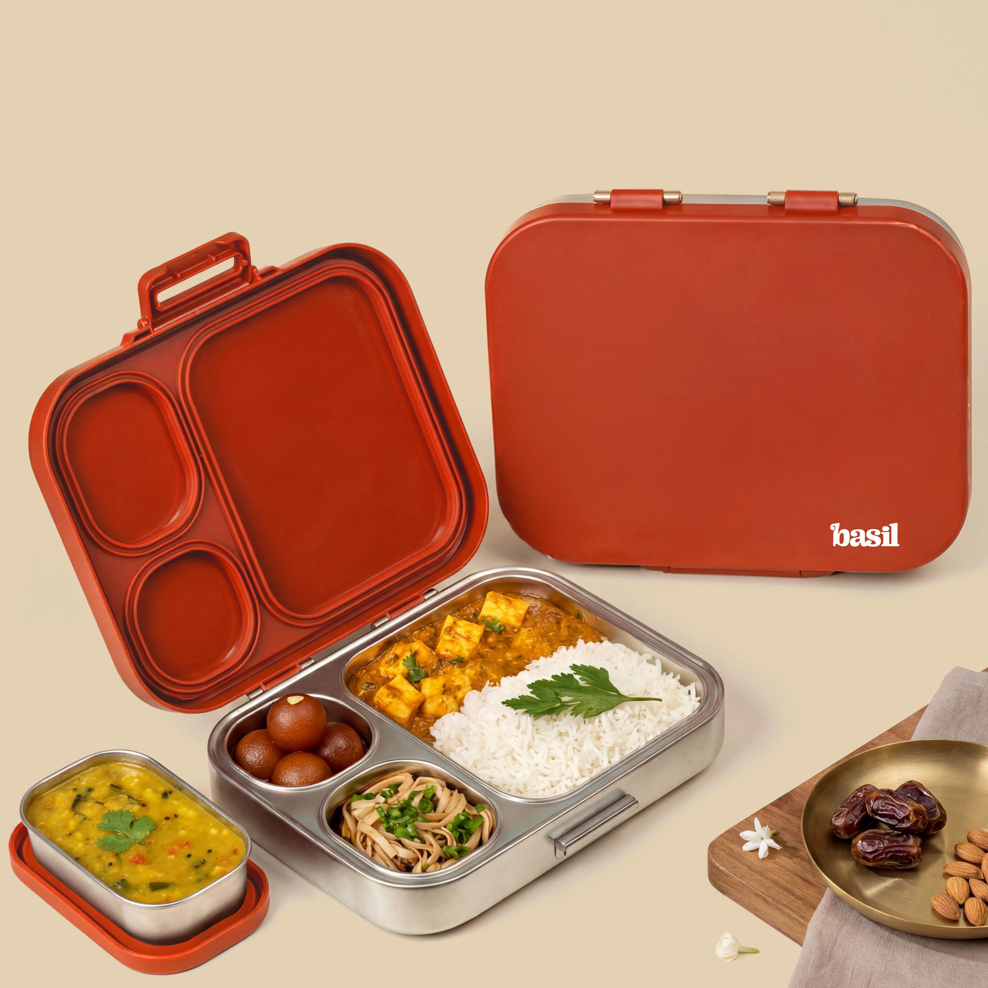 4 Compartment Stainless steel Lunchbox with Mini Box - Desi Mitti