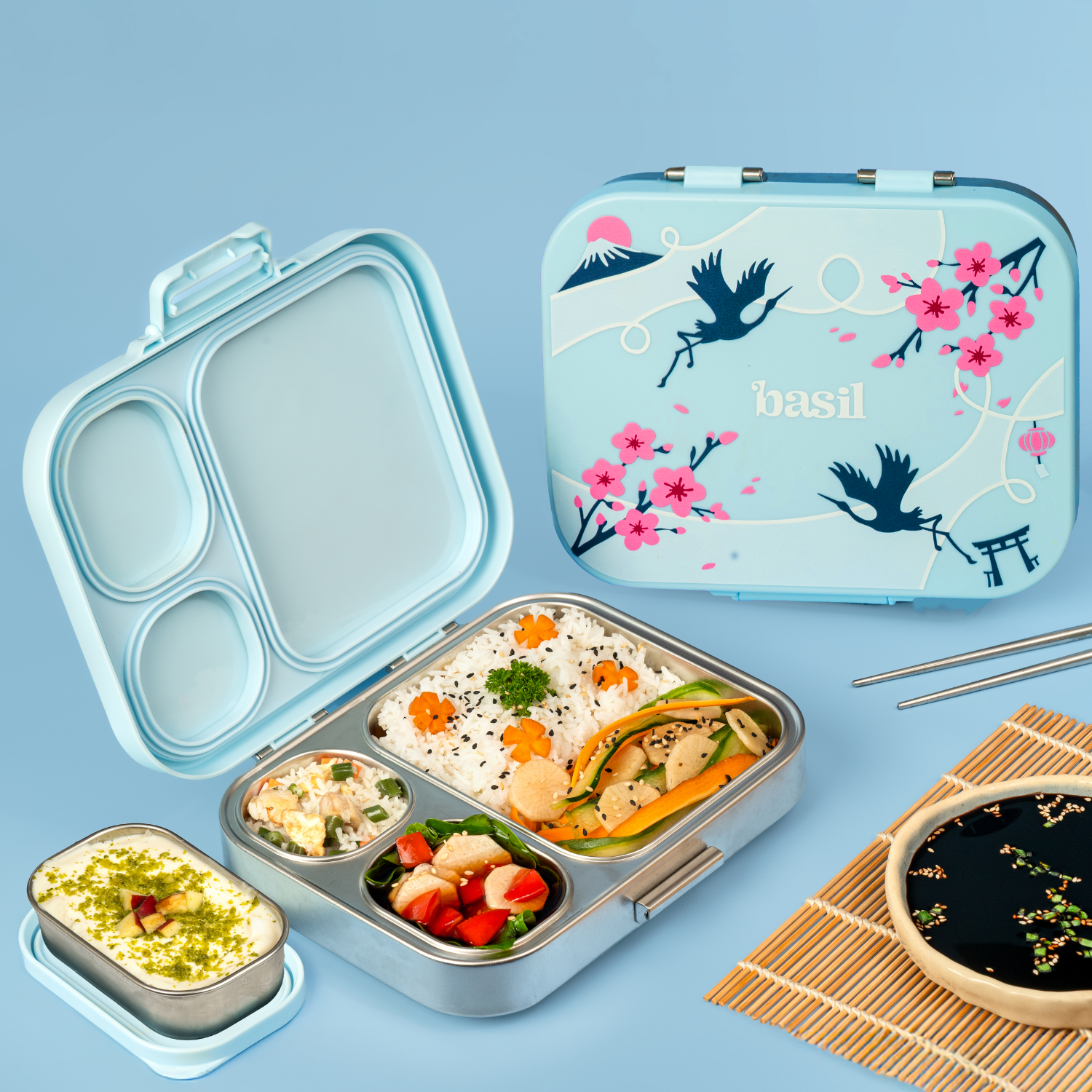 4 Compartment Stainless steel Lunchbox with Mini Box - Sakura Bloom
