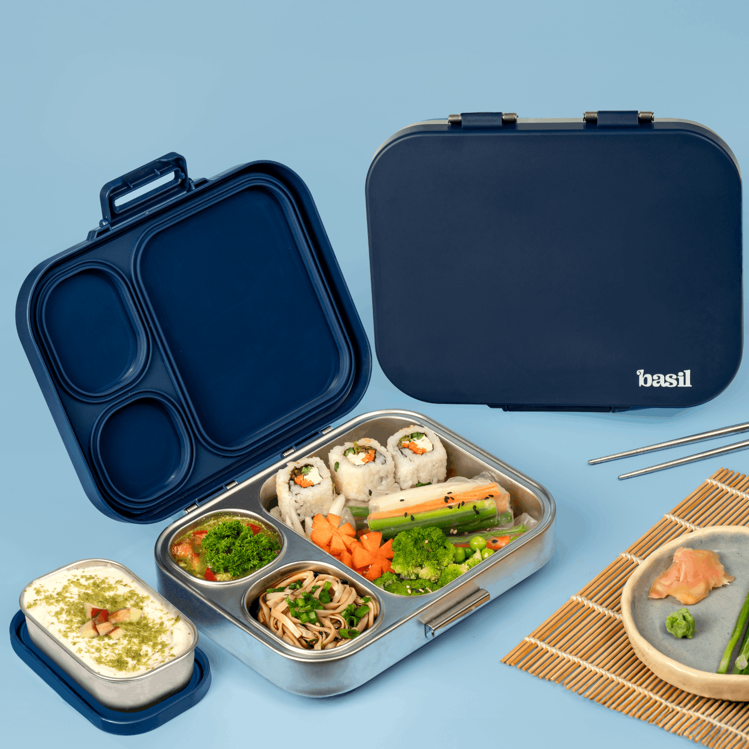 3+1 Compartment Stainless steel Lunchbox with Mini Box - Indigo Zen