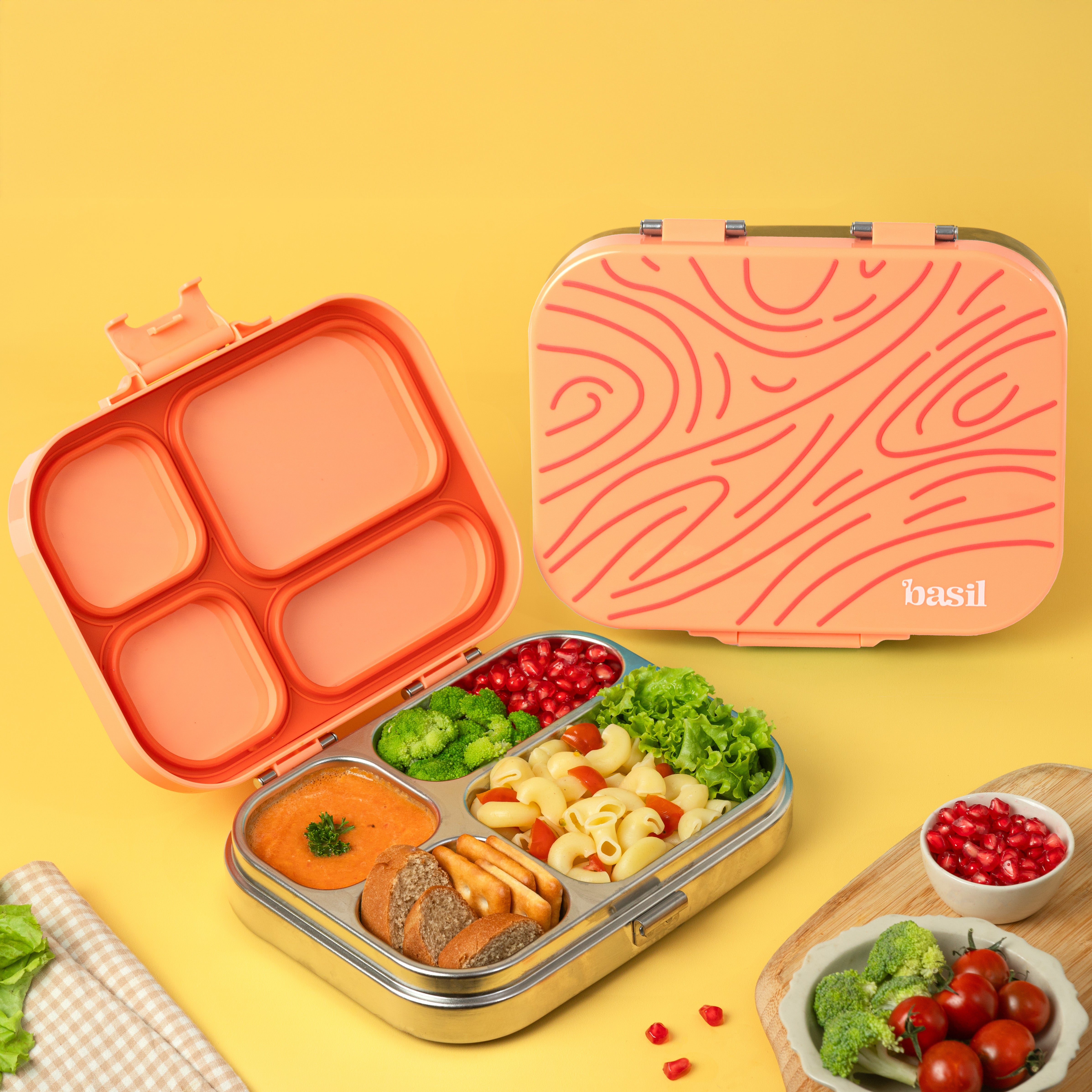4 Compartment Stainless steel Bento with Plastic lid - Coral Swirl