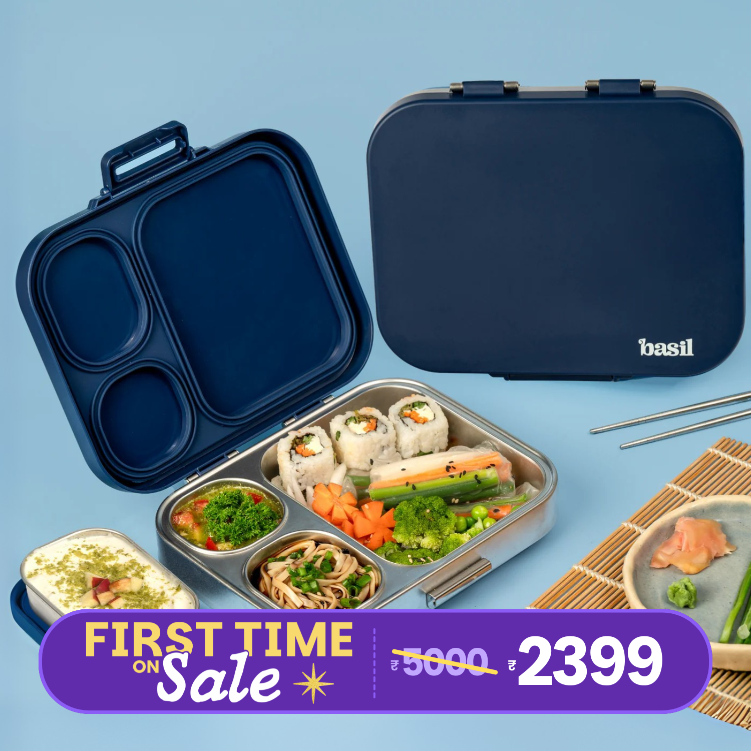 4 Compartment Stainless steel Bento with Mini Box - Indigo Zen