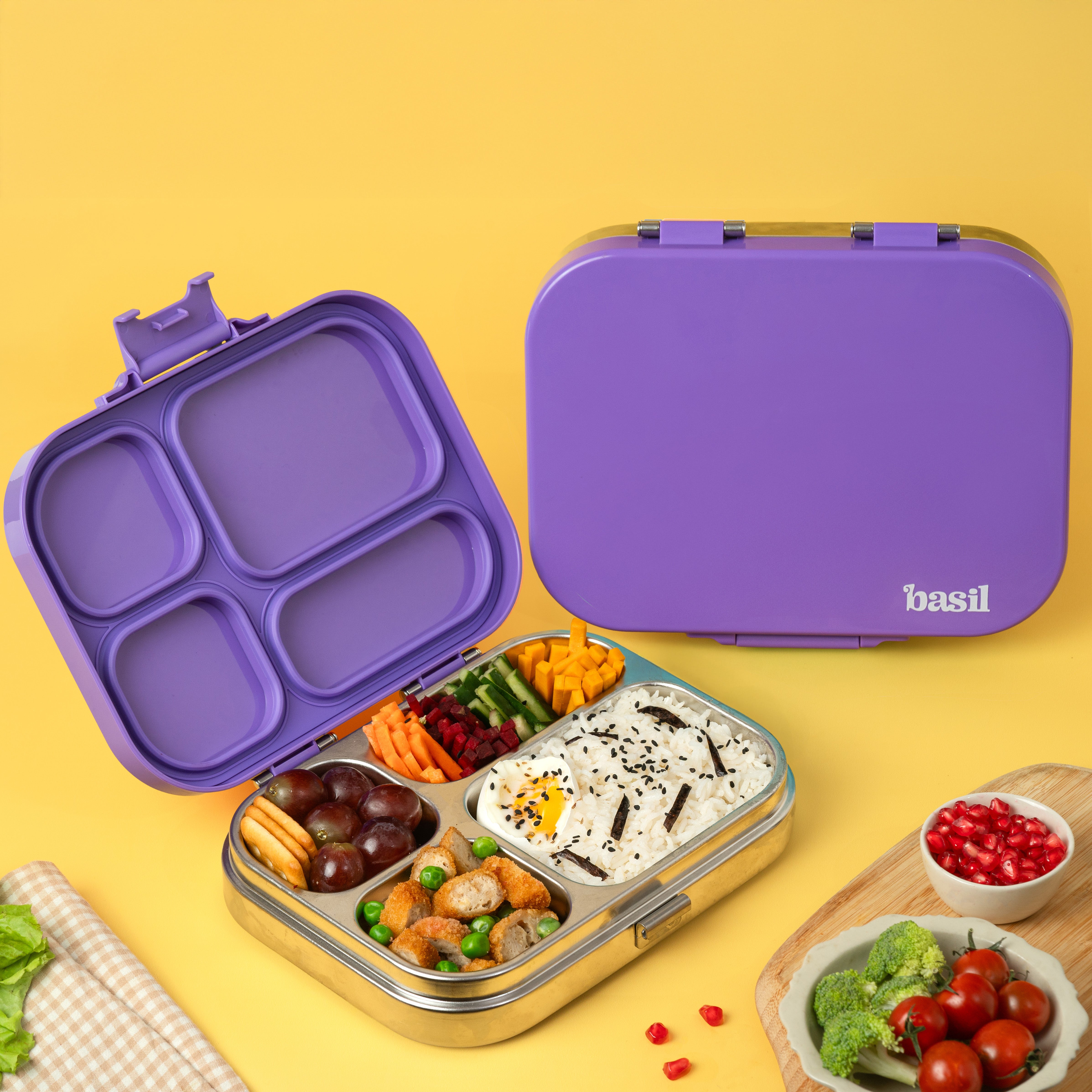4 Compartment Stainless steel Bento with Plastic lid - Purple Pop