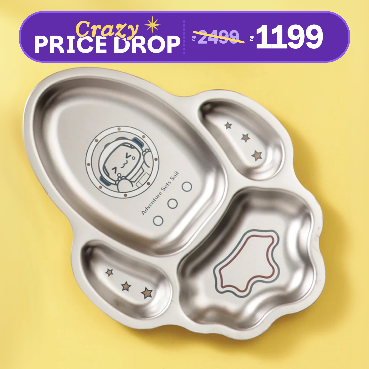 4 Compartment Stainless steel Rocket Plate - Dino