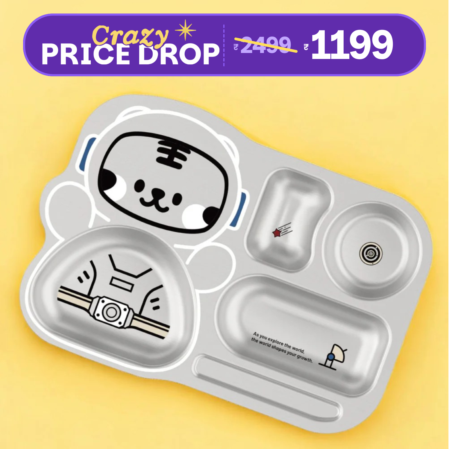 4 Compartment Stainless steel Spaceship Plate - Tiger